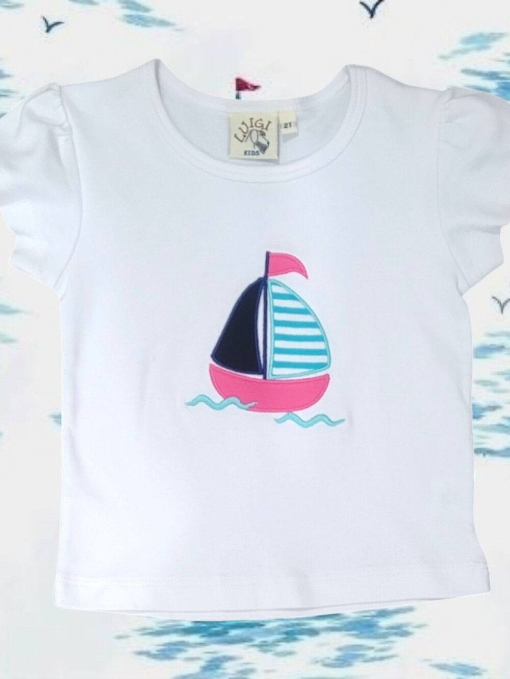 Luigi Kids Girl's White Sailboat Flutter Sleeve Top